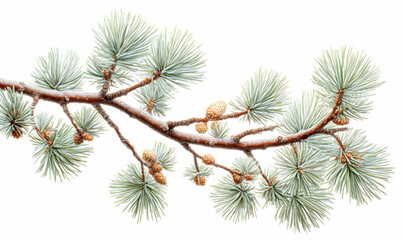 Detailed close-up of a pine branch with delicate needles and small cones, isolated on a white background. Perfect for Christmas, nature, or botanical themes.
