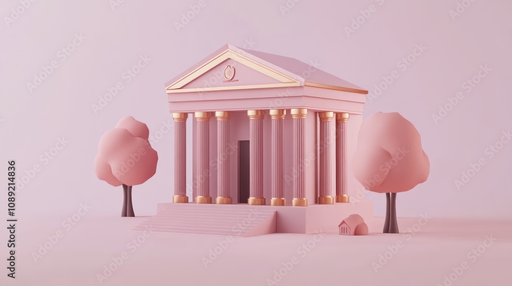 Poster a stylized pink building with columns and trees, representing a classic architectural design.