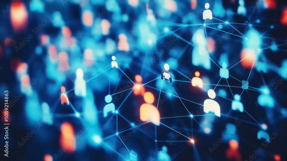 Poster abstract background with blurred human figures connected by lines in a network, representing social 