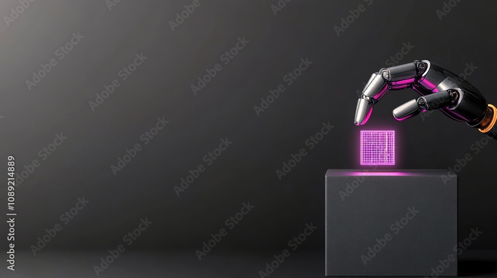 Poster futuristic robotic hand interacting with a glowing cube on a dark surface, showcasing the intersecti