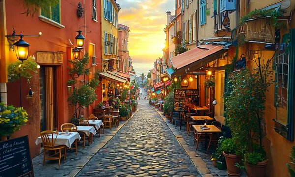 Charming cobblestone street lined with vibrant shops at sunset.