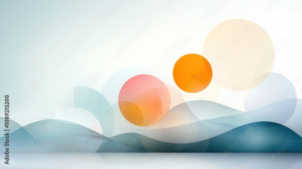 Poster serene and minimalist mountainous landscape with pastel gradient skies hazy horizon and an ethereal 