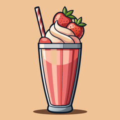 Delicious strawberry milkshake with whipped cream and berries