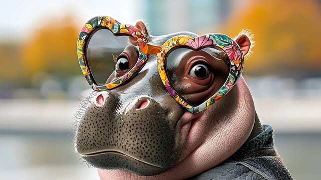 A cute cartoon hippopotamus with large round eyes and a cheerful smile, wearing oversized heart shaped sunglasses with a colorful floral pattern, looking cool and stylish in the summer sun.