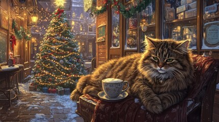 Obraz premium A cozy coffee shop with a Christmas tree, garlands, and twinkling lights. A fluffy cat curled up on a soft chair near a warm mug of coffee, creating a peaceful holiday scene.