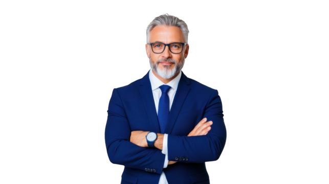 Confident businessman with arms crossed, wearing glasses and a suit. Transparent background.