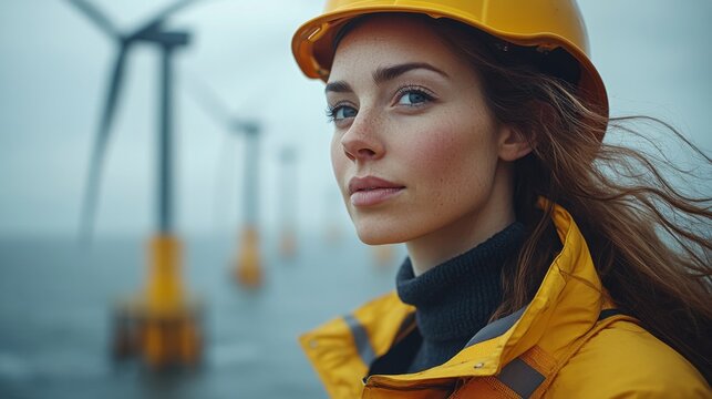 A woman wearing a yellow hard hat and a bright jacket gazes determinedly at offshore wind turbines, highlighting her role in renewable energy amidst choppy waters.