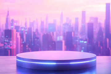 A podium with a futuristic cityscape background