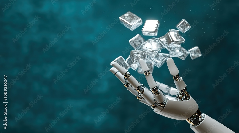 Poster robot hand manipulating crystal clear cubes in a futuristic setting representing technology, innovat