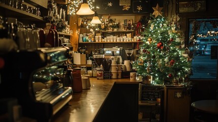 Naklejka premium A cozy coffee shop with soft lighting, a decorated tree, and holiday mugs placed on a counter surrounded by holiday decorations.