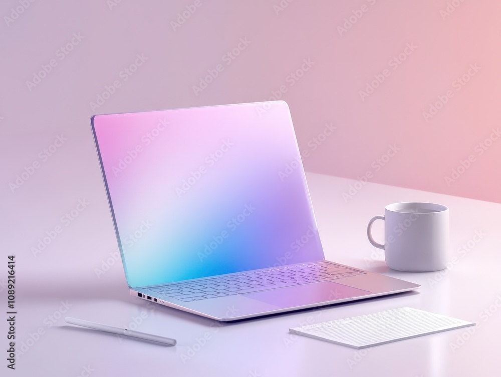 Poster modern laptop with a gradient screen and minimalistic workspace setup