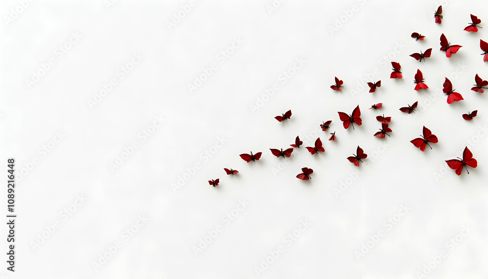 Poster elegant red butterflies scattered on a white background, creating a delicate and artistic compositio