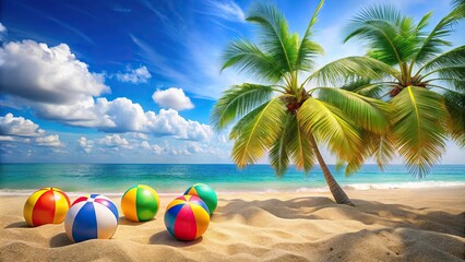 Obraz premium Tropical beach scene with swaying palm trees and colorful beach balls in the sand, playful design, sunny weather, lively atmosphere, bright colors
