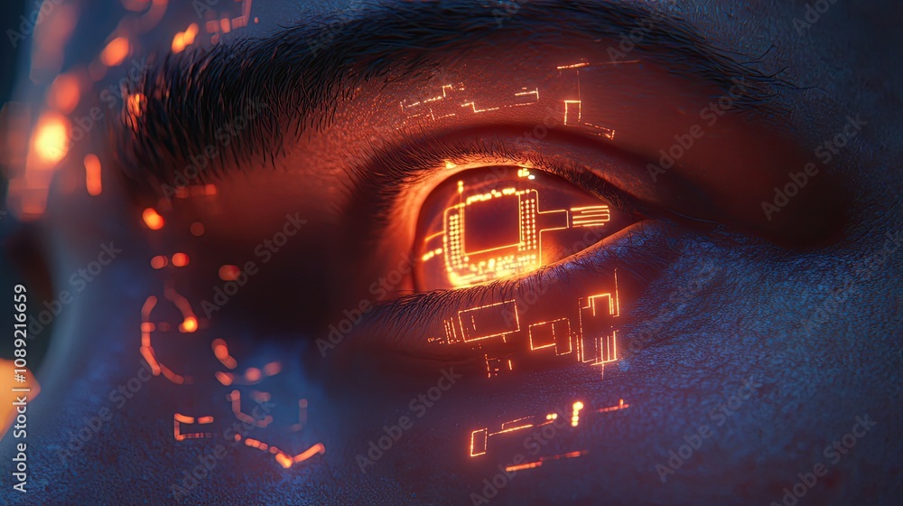 Poster a cybernetic human eye glowing with intricate digital circuitry, emphasizing artificial intelligence