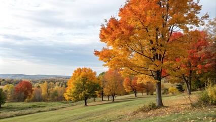 vibrant orange yellow leaves on deciduous trees in autumn, vibrant, misty morning, colorful