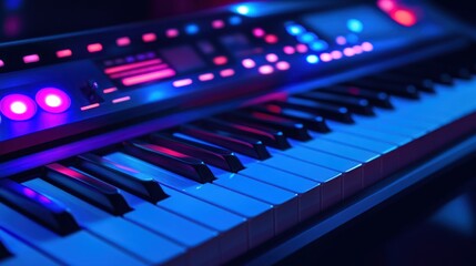 A close-up of a colorful keyboard with illuminated buttons and keys, designed for music creation.