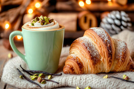 Cozy winter retreat featuring a pistachio latte and buttery croissant in a log cabin setting