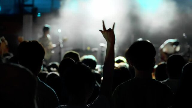 People hands making rock gesture at the concert, slow motion video