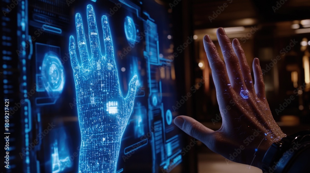 Poster a digital interface with a person's hand interacting with a holographic display on a glowing screen,