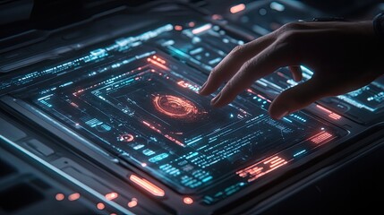 Fototapeta premium A digital interface with a person's hand interacting with a holographic display on a glowing screen, symbolizing futuristic technology.