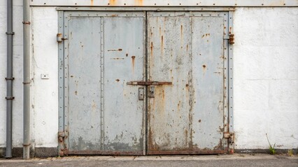 Naklejka premium Weathered metal door with rusty hinges and scratches, cracked brick, scratched surface, crumbling mortar