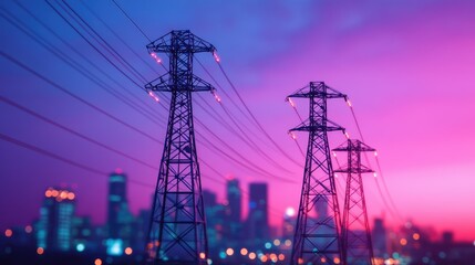 Power lines illuminated at dusk urban cityscape photography vibrant environment perspective energy concept