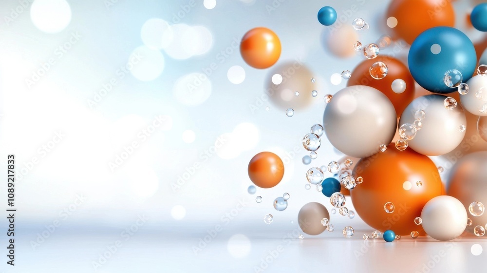 Poster vibrant and playful digital art composition featuring a dynamic arrangement of colorful floating sph
