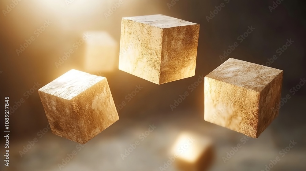 Poster floating cubes in soft lighting, abstract render of geometric shapes displaying warm tones, concept 