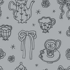 Vintage Winter coquette seamless pattern line art, whimsical style. Retro Christmas holiday wrapping paper design. Teapot, tea cup, bows, pane cones, snowflakes. Soft gray backdrop. Calming aesthetic.