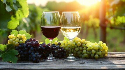 Fototapeta premium Two glasses of red and white wine with grapes on a wooden table in a vineyard. Ideal for wine and nature themes.