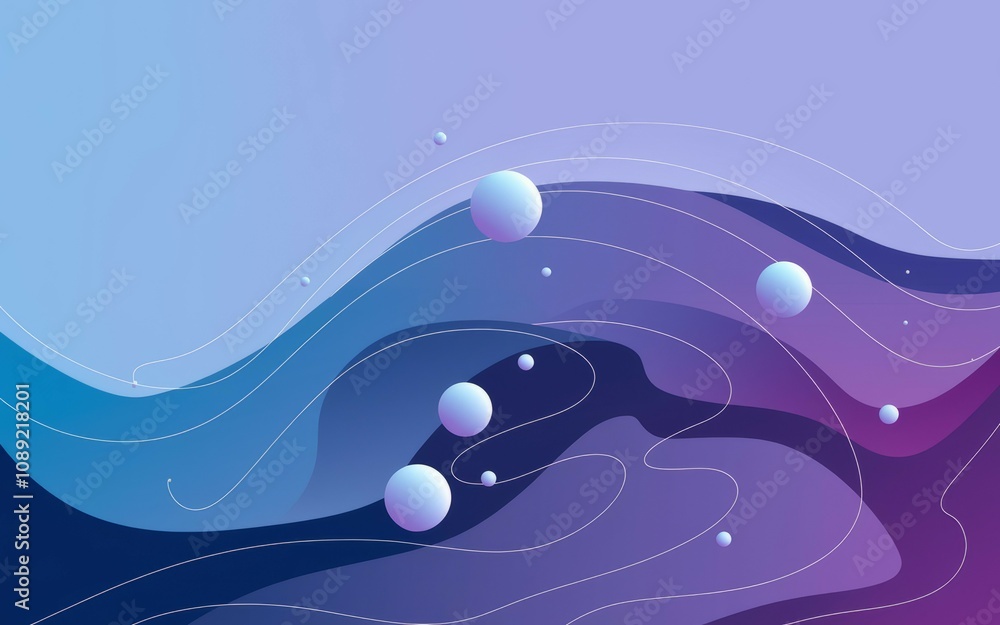 Poster abstract blue purple waves. fluid shapes and spheres create a calming cosmic scene. evokes serenity 