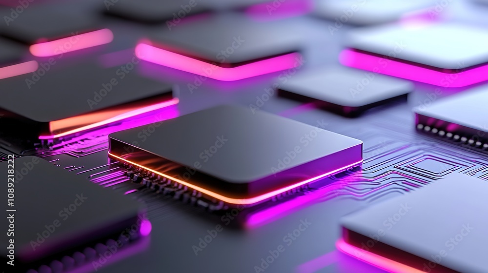 Poster futuristic circuit board with glowing microchips and neon accents illustrating advanced technology a
