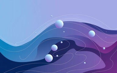 Abstract blue purple waves. Fluid shapes and spheres create a calming cosmic scene.  Evokes serenity and flow.
