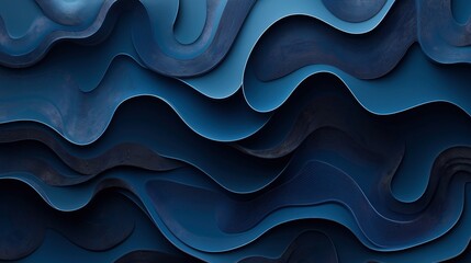 Abstract composition with layered wavy patterns in various shades of blue, creating a three-dimensional landscape with smooth curves and textured surfaces