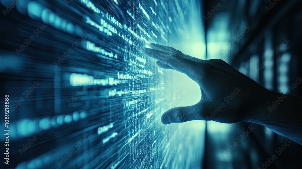 Aufkleber a hand in focus reaching towards a glowing, high-tech digital screen with interactive data flowing a