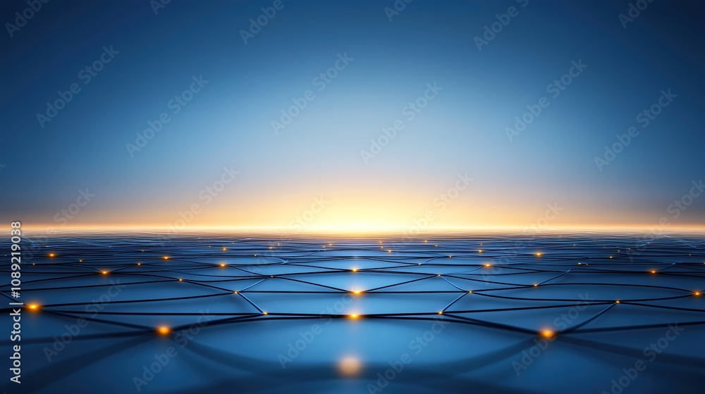 Poster smooth blue surface with geometric pattern and glowing lights at horizon under a serene sky creating