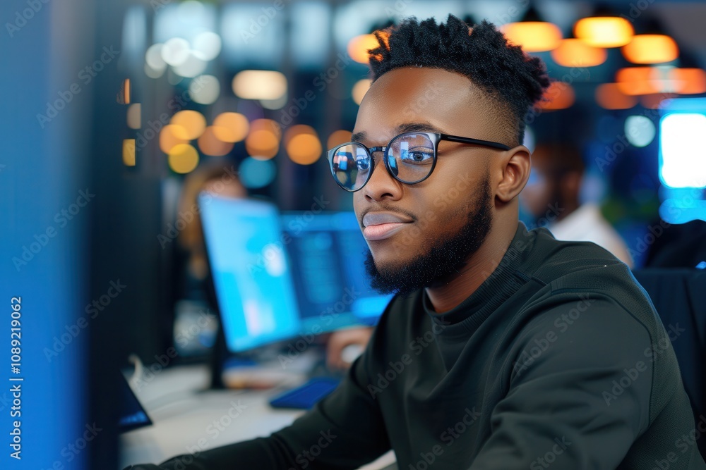 Poster young software developer with glasses working on code at night in a modern office, illuminated by co