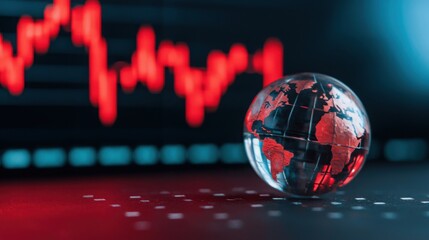 A clear globe with a red and black map sits on a dotted surface, contrasted against a backdrop of fluctuating red financial charts.