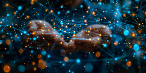 Human Hands Cradling Futuristic Network of Digital Connections and Data Points