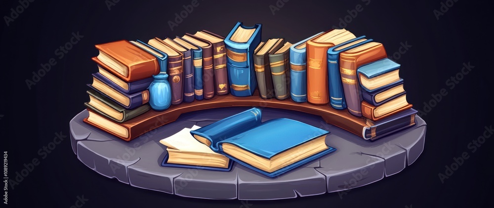 Poster a collection of colorful books arranged on a circular stone shelf.