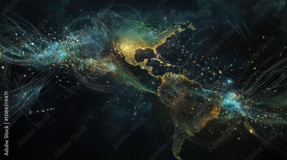 Poster an abstract digital map of north america with glowing lines and particles, representing connection a