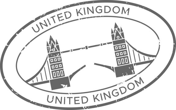 Grey oval passport stamp from the uk featuring tower bridge, perfect for travel designs evoking vacation vibes.