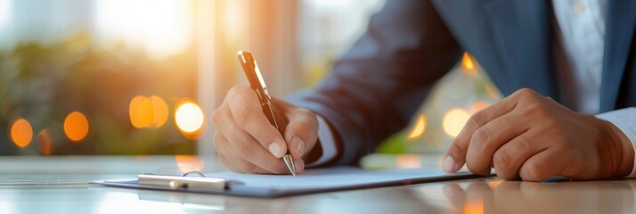 Close-up of a businessperson’s hand signing a document on a clipboard, representing professionalism, contract agreement, and decision-making.