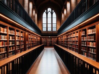 Fototapeta premium a serene library interior with tall bookshelves and natural light