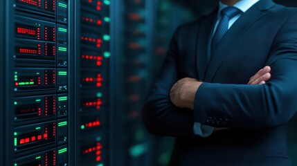 Man in suit by server, Data center management and it solutions for business technology