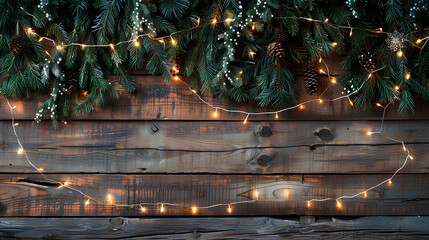 Rustic wooden background with pine branches and garland, great for mock-ups.