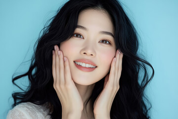 Fototapeta premium Closeup portrait of a young Korean girl with perfect skin touching her face on a pastel blue background. Healthy face skin care beauty, skincare cosmetics, cosmetology concept.
