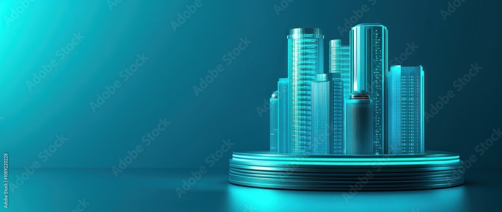 Poster a futuristic cityscape with glowing skyscrapers on a circular platform.