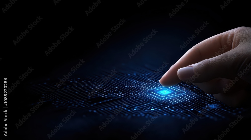 Poster finger initiating electronic signals on circuit board, activating digital systems and data flow for 