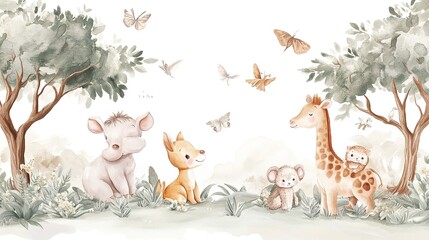 Fototapeta premium Whimsical animal gathering in soft pastel garden illustrative art child-friendly environment nature's charm